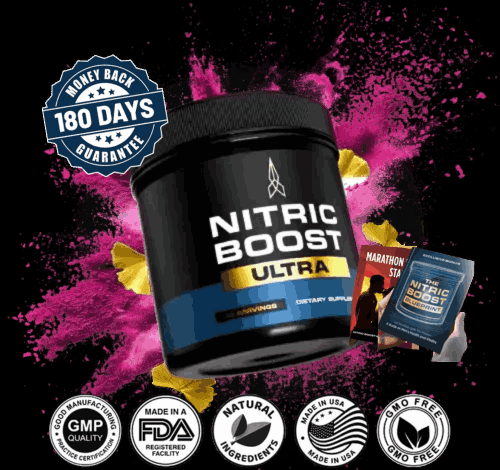 Nitric Boost Ultra supplement bottle with bonus guides, quality certifications